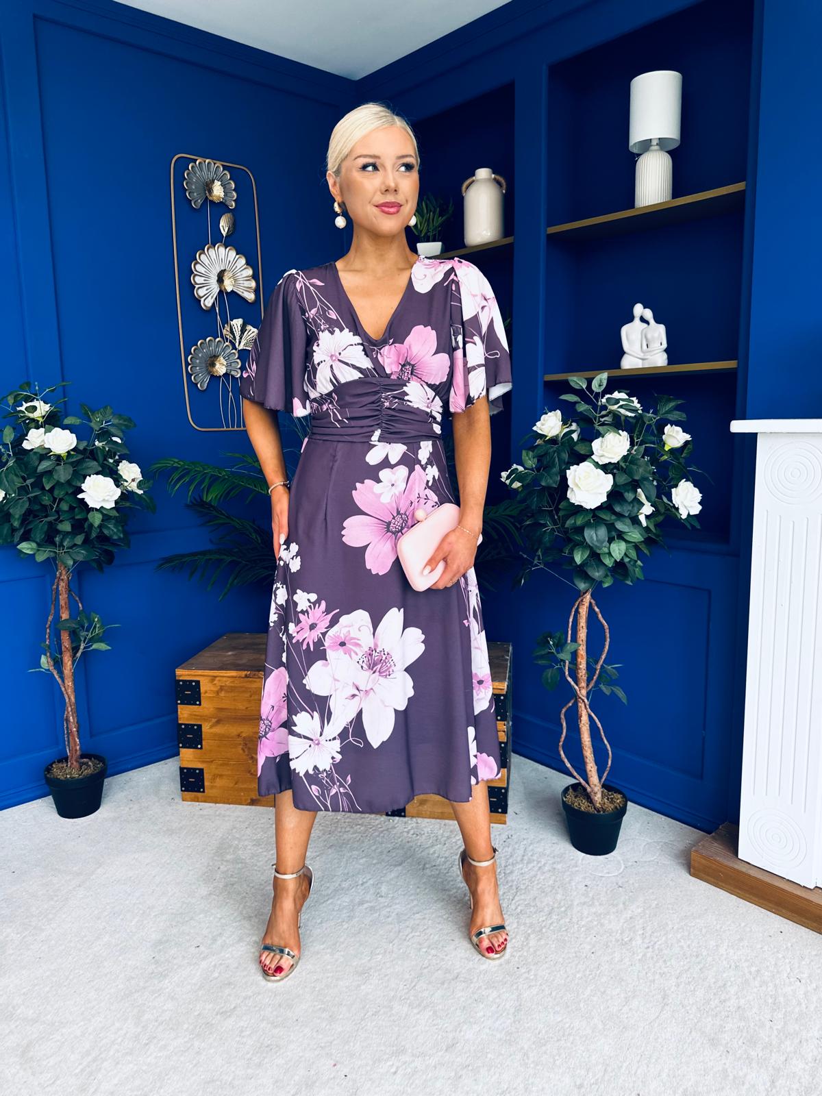 Saoirse Angel Sleeve Midi Dress Floral Burgundy