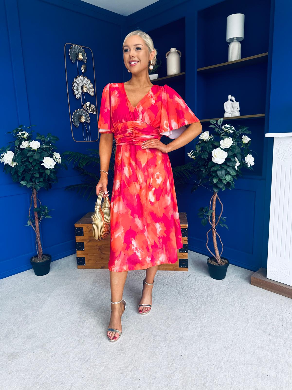Saoirse Angel Sleeve Midi Dress Marble Coral