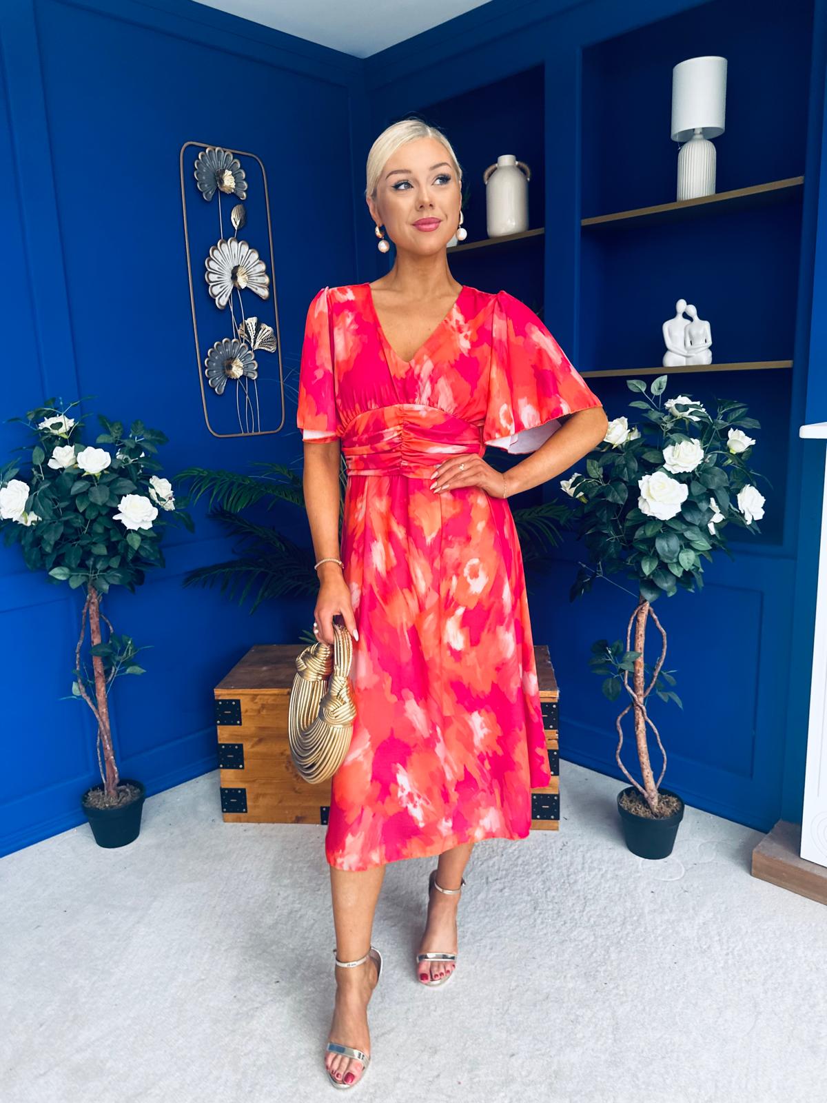 Saoirse Angel Sleeve Midi Dress Marble Coral