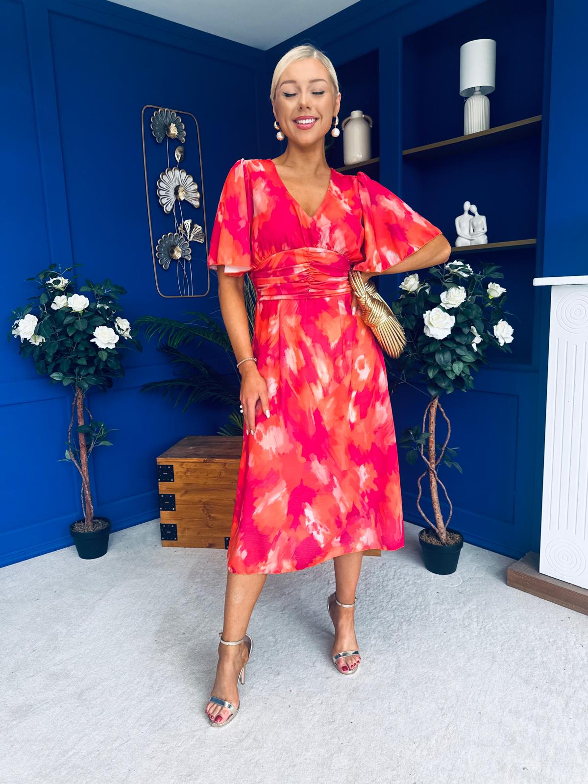 Saoirse Angel Sleeve Midi Dress Marble Coral