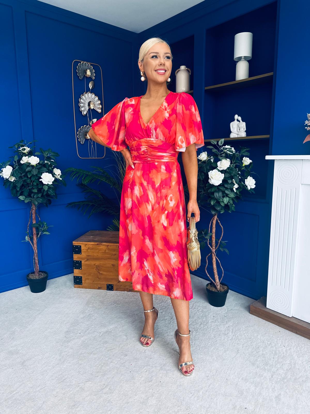Saoirse Angel Sleeve Midi Dress Marble Coral