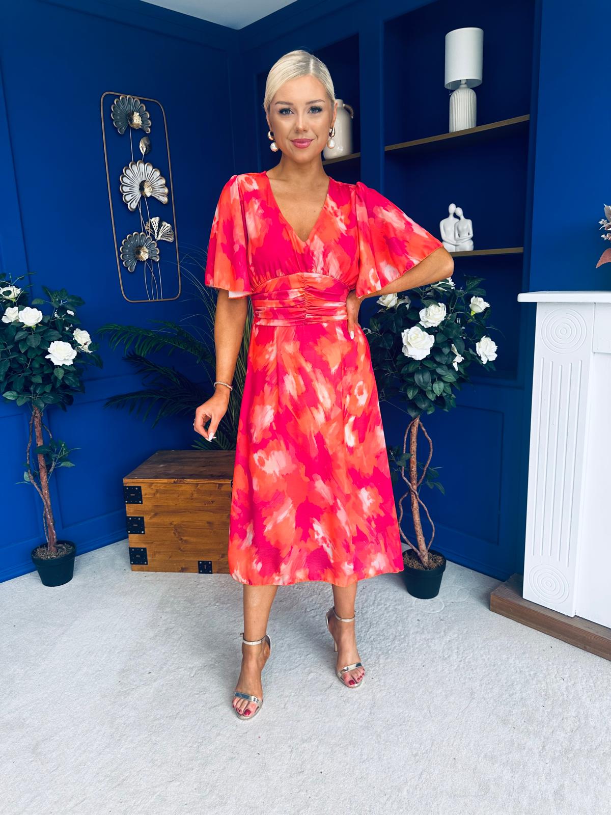 Saoirse Angel Sleeve Midi Dress Marble Coral