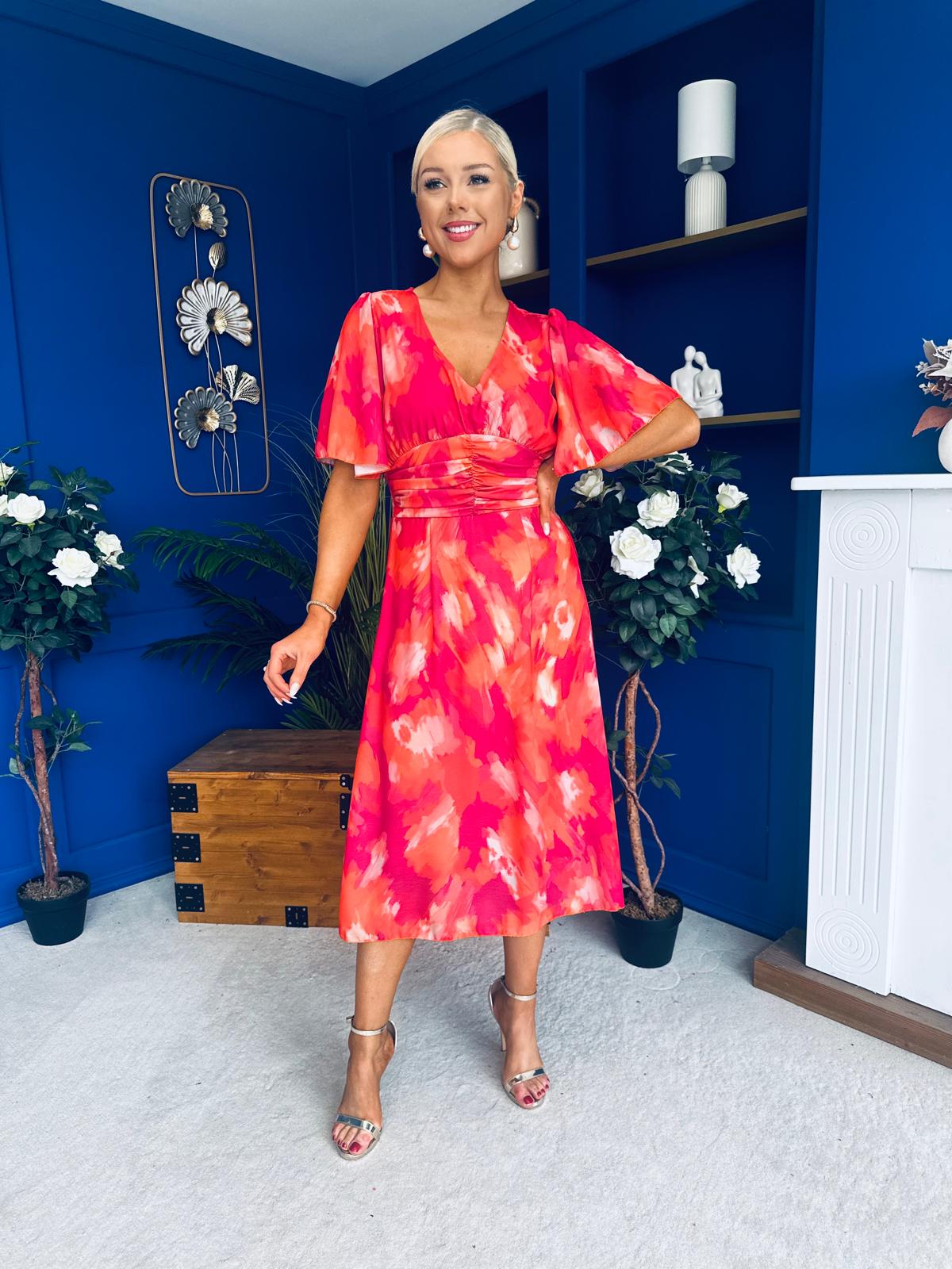 Saoirse Angel Sleeve Midi Dress Marble Coral