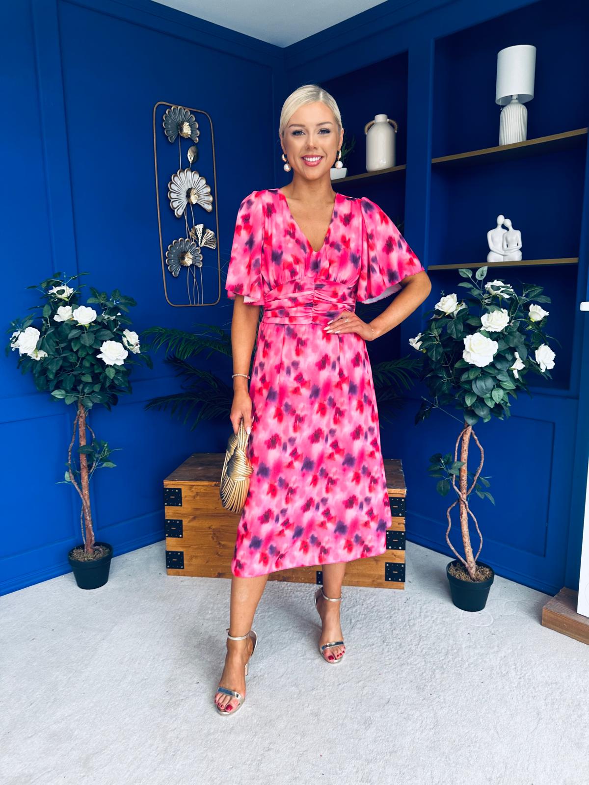 Saoirse Angel Sleeve Midi Dress Floral Pink