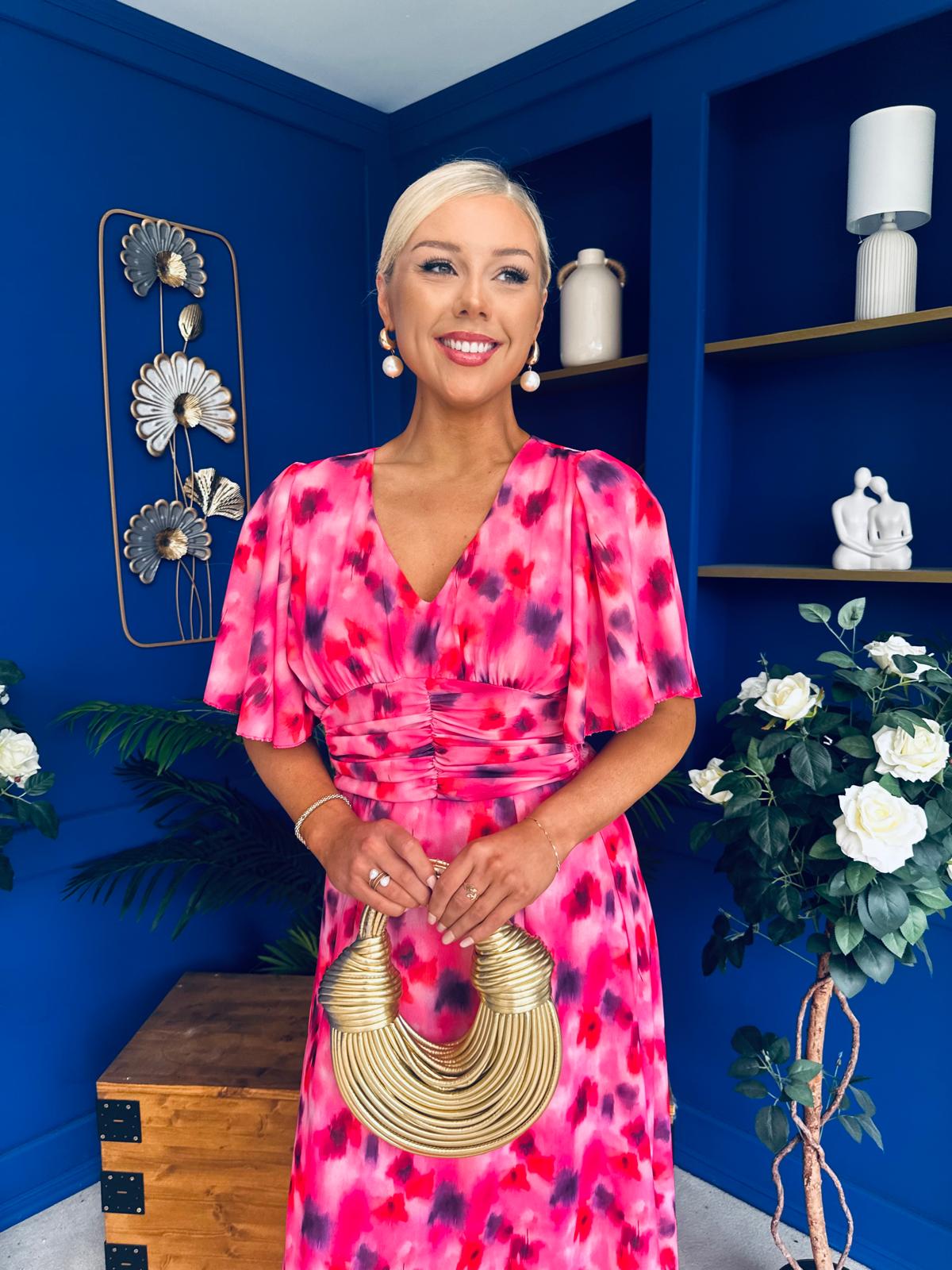 Saoirse Angel Sleeve Midi Dress Floral Pink