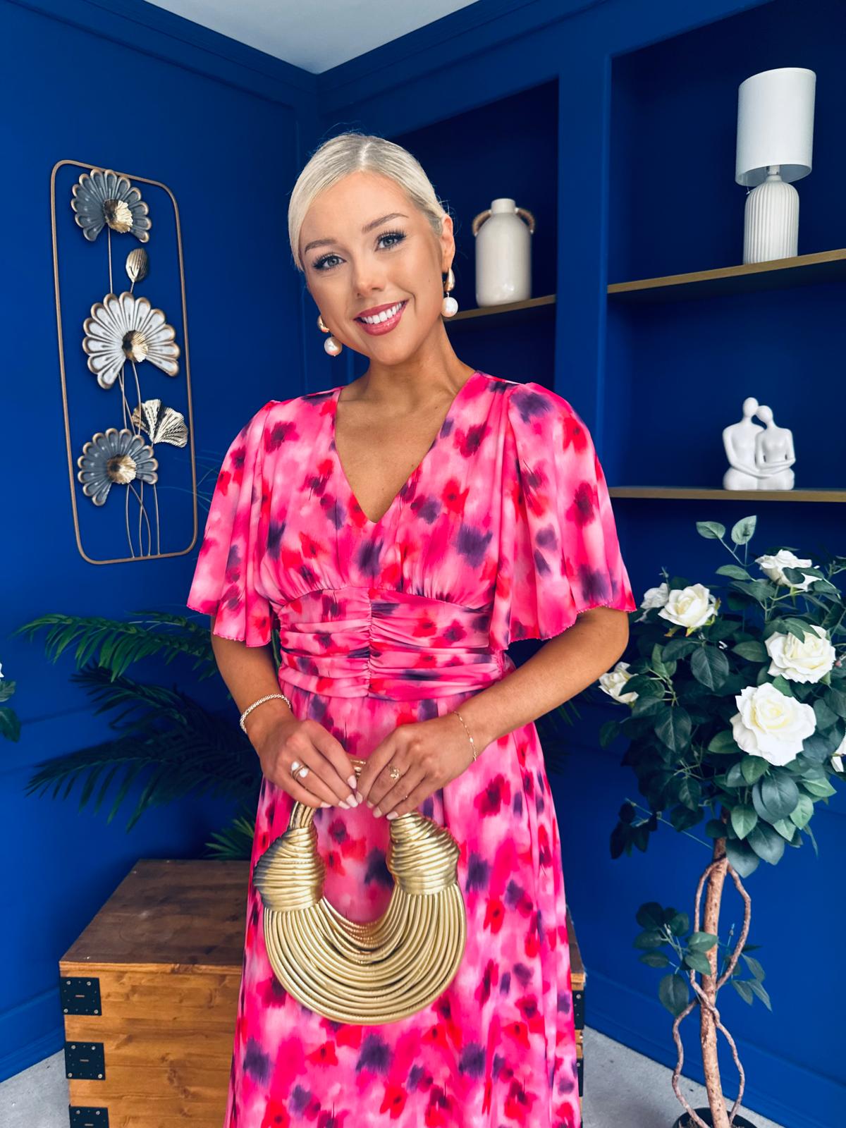 Saoirse Angel Sleeve Midi Dress Floral Pink
