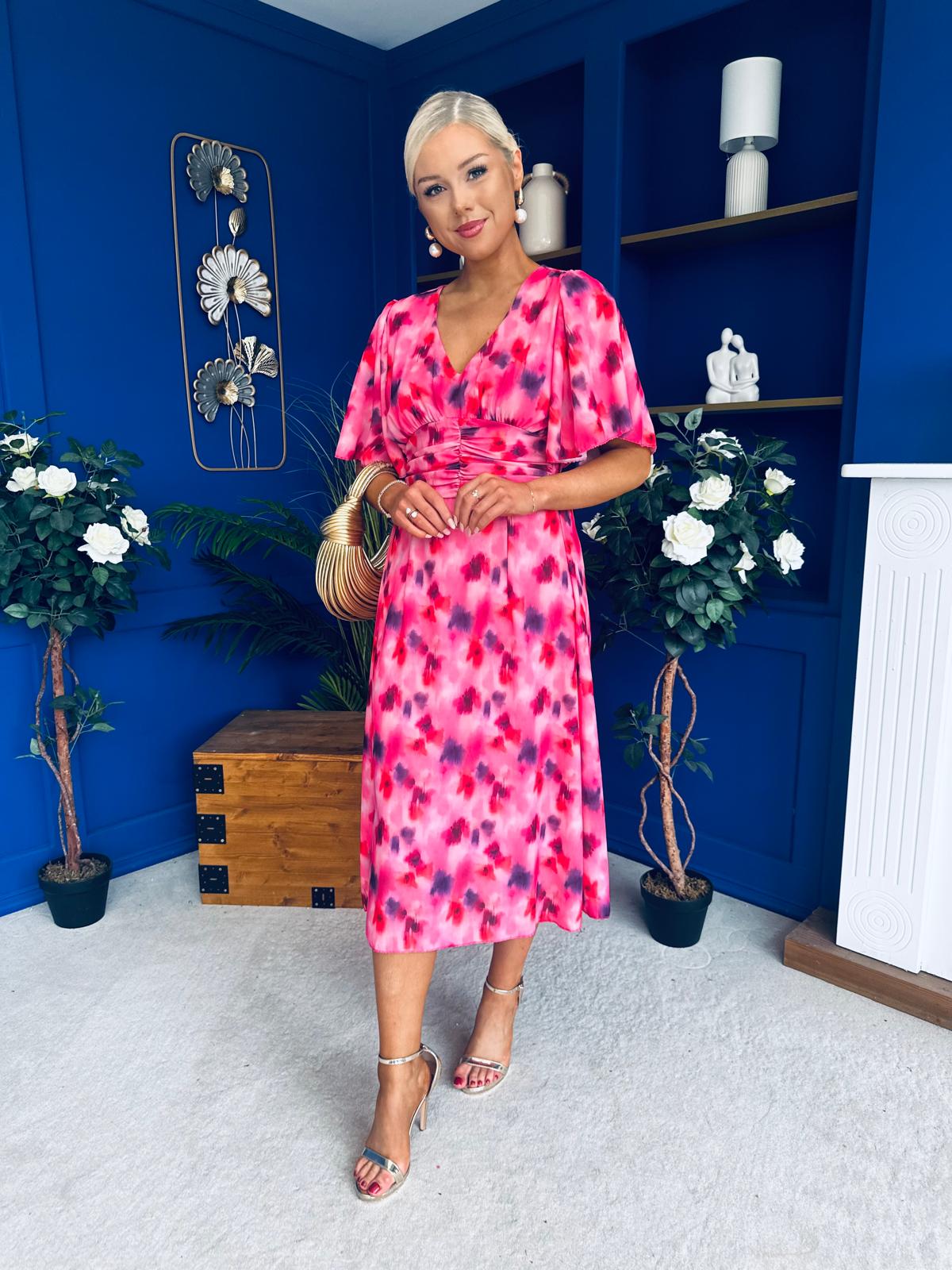 Saoirse Angel Sleeve Midi Dress Floral Pink