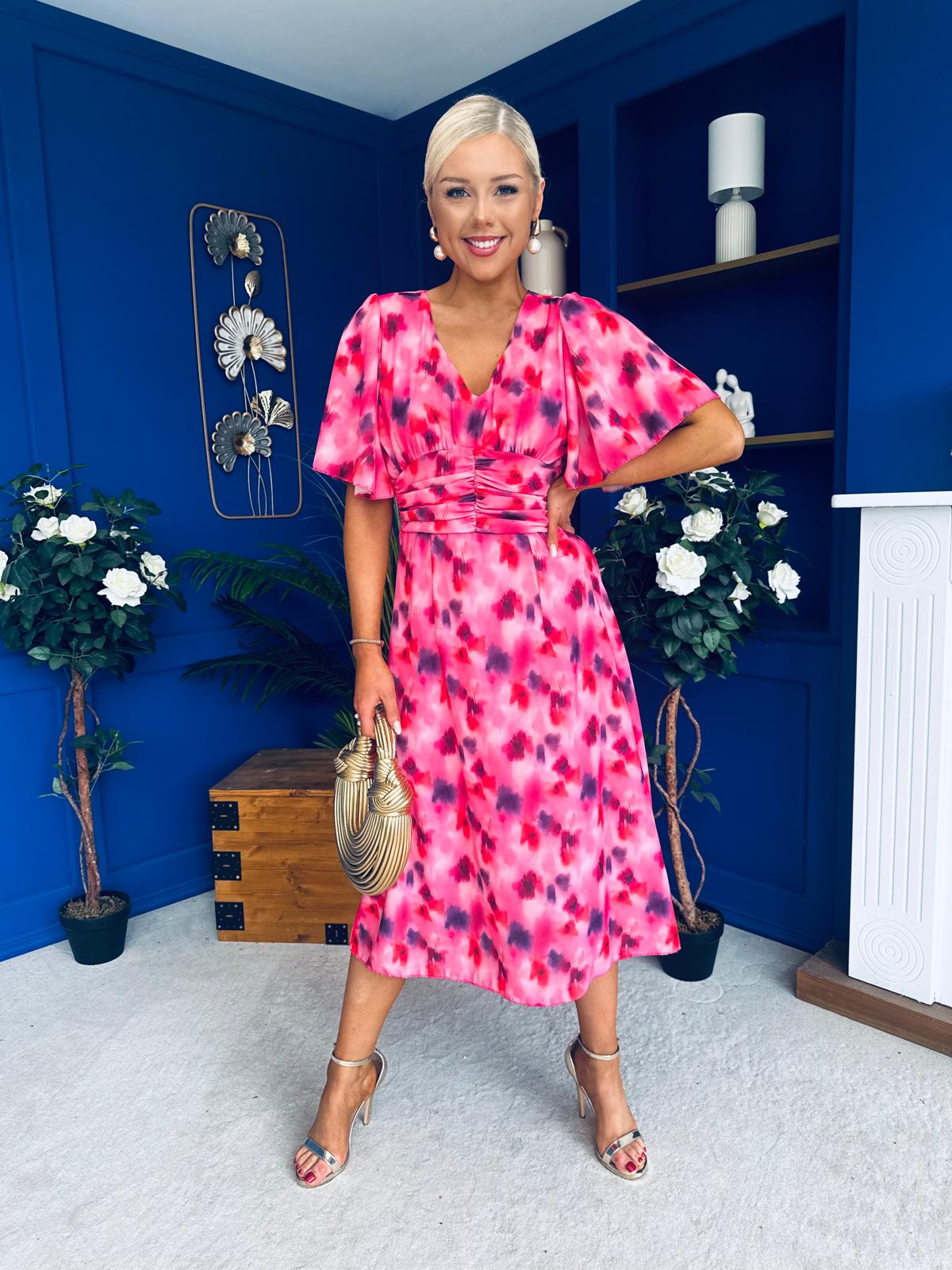 knee length dresses for ladies Saoirse Angel Sleeve Midi Dress Floral Pink – Canella Lane
