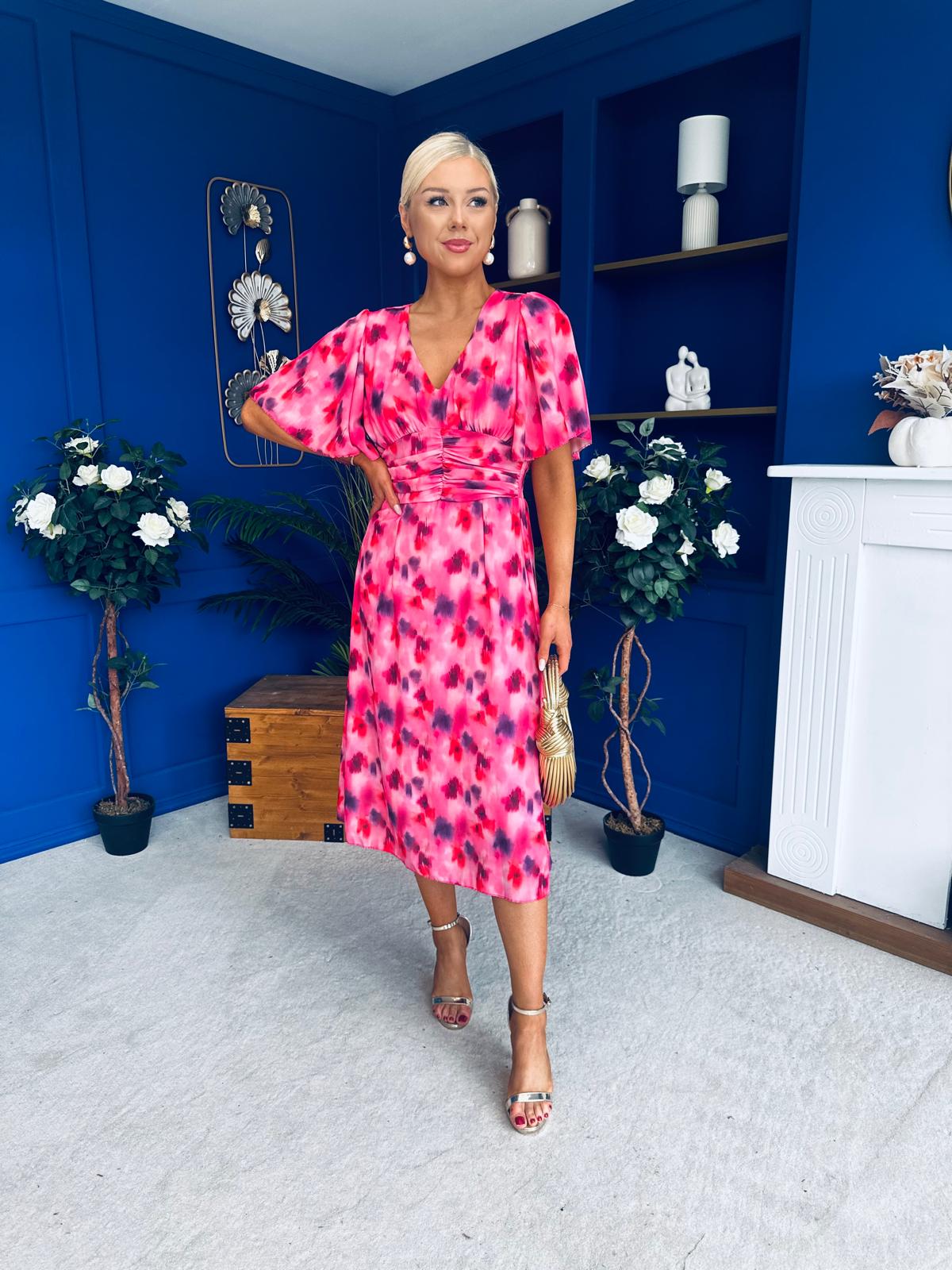 Saoirse Angel Sleeve Midi Dress Floral Pink