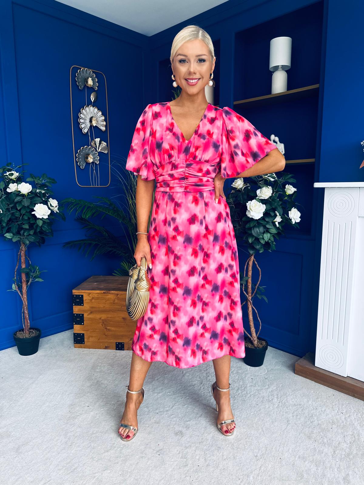 Saoirse Angel Sleeve Midi Dress Floral Pink
