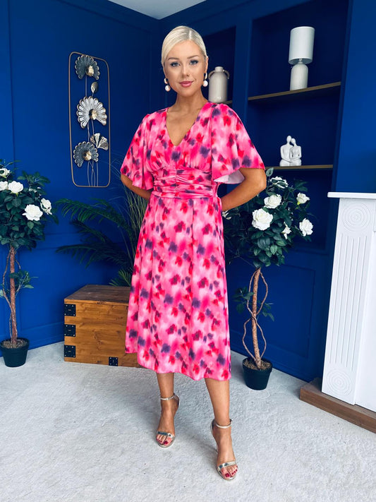 Saoirse Angel Sleeve Midi Dress Floral Pink