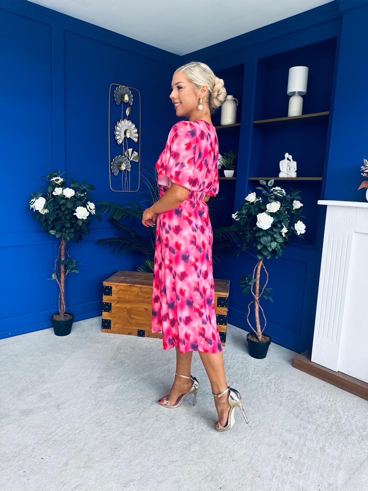 Saoirse Angel Sleeve Midi Dress Floral Pink