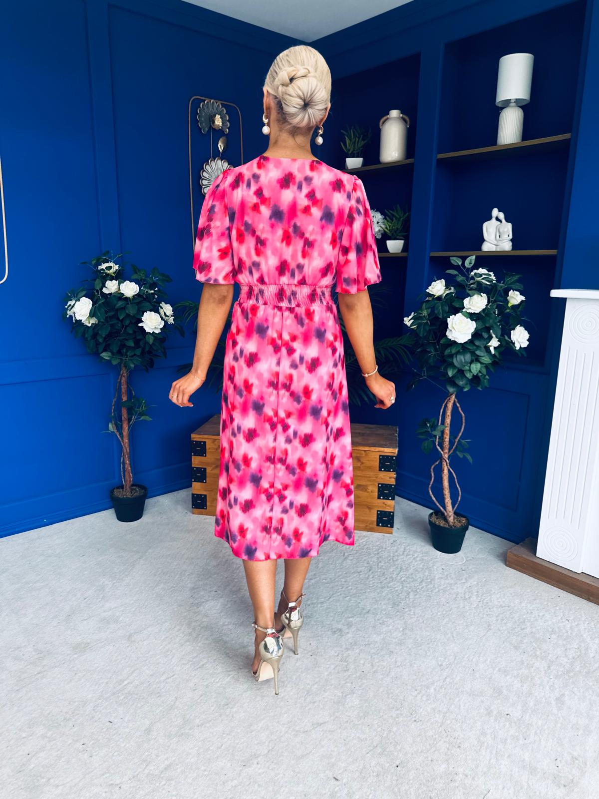 Saoirse Angel Sleeve Midi Dress Floral Pink