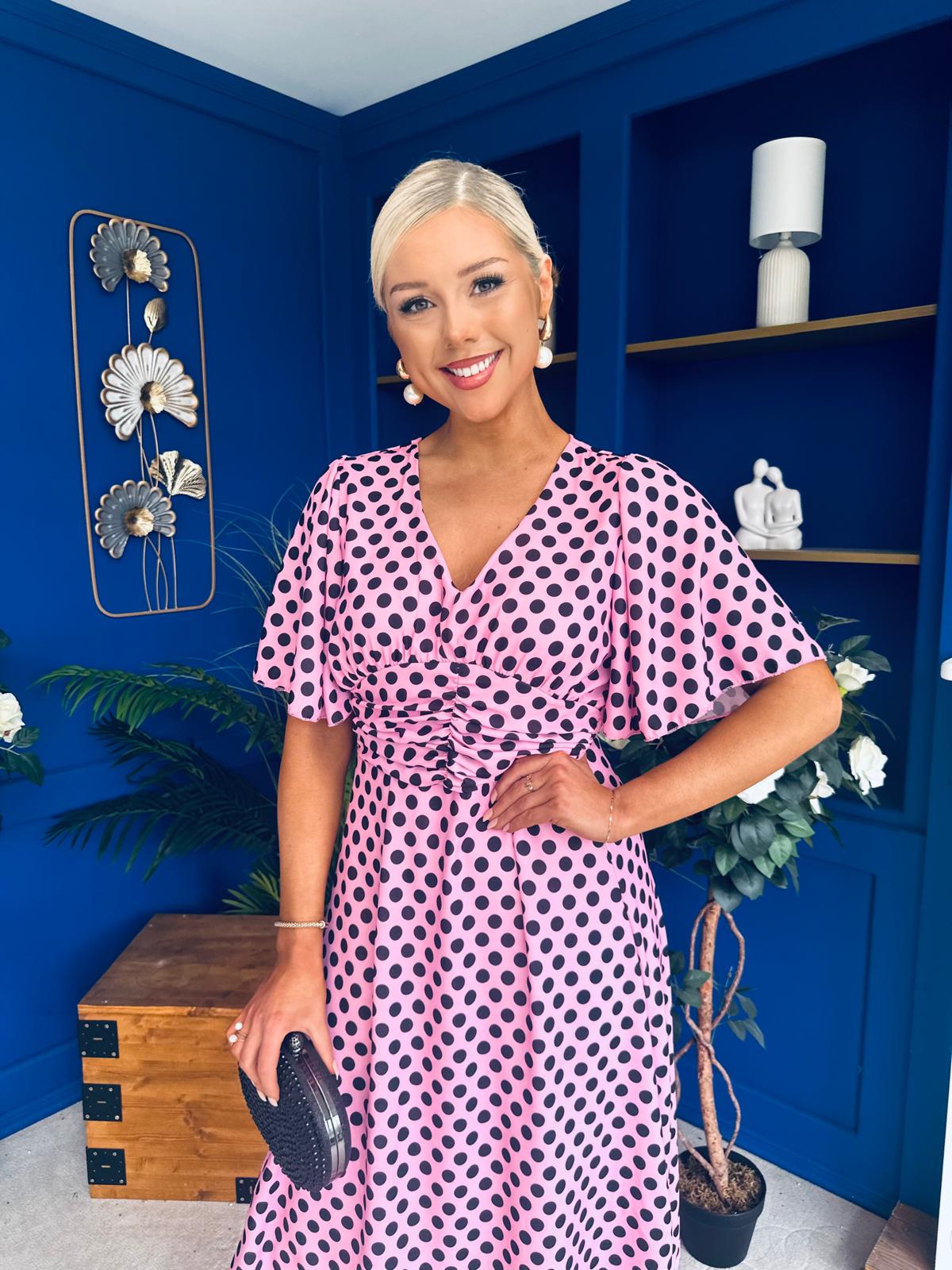 Saoirse Angel Sleeve Midi Dress Polka Pink