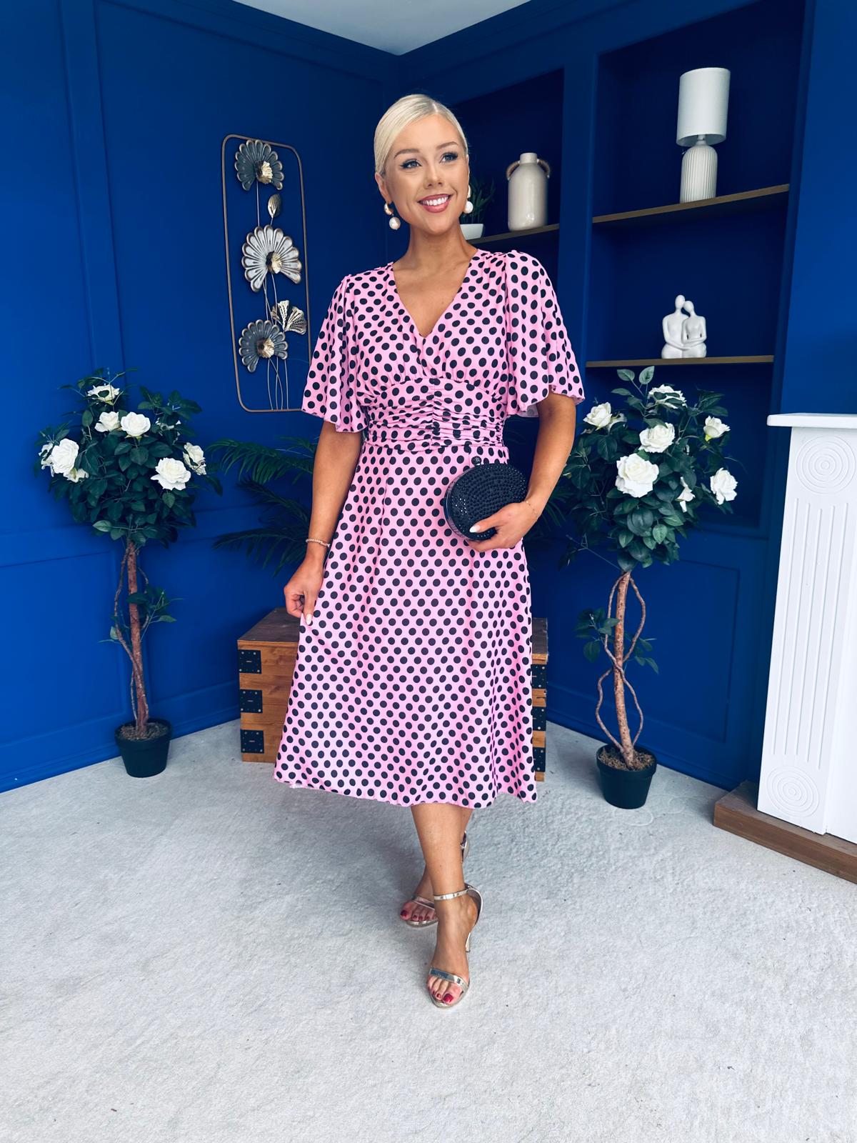 Saoirse Angel Sleeve Midi Dress Polka Pink