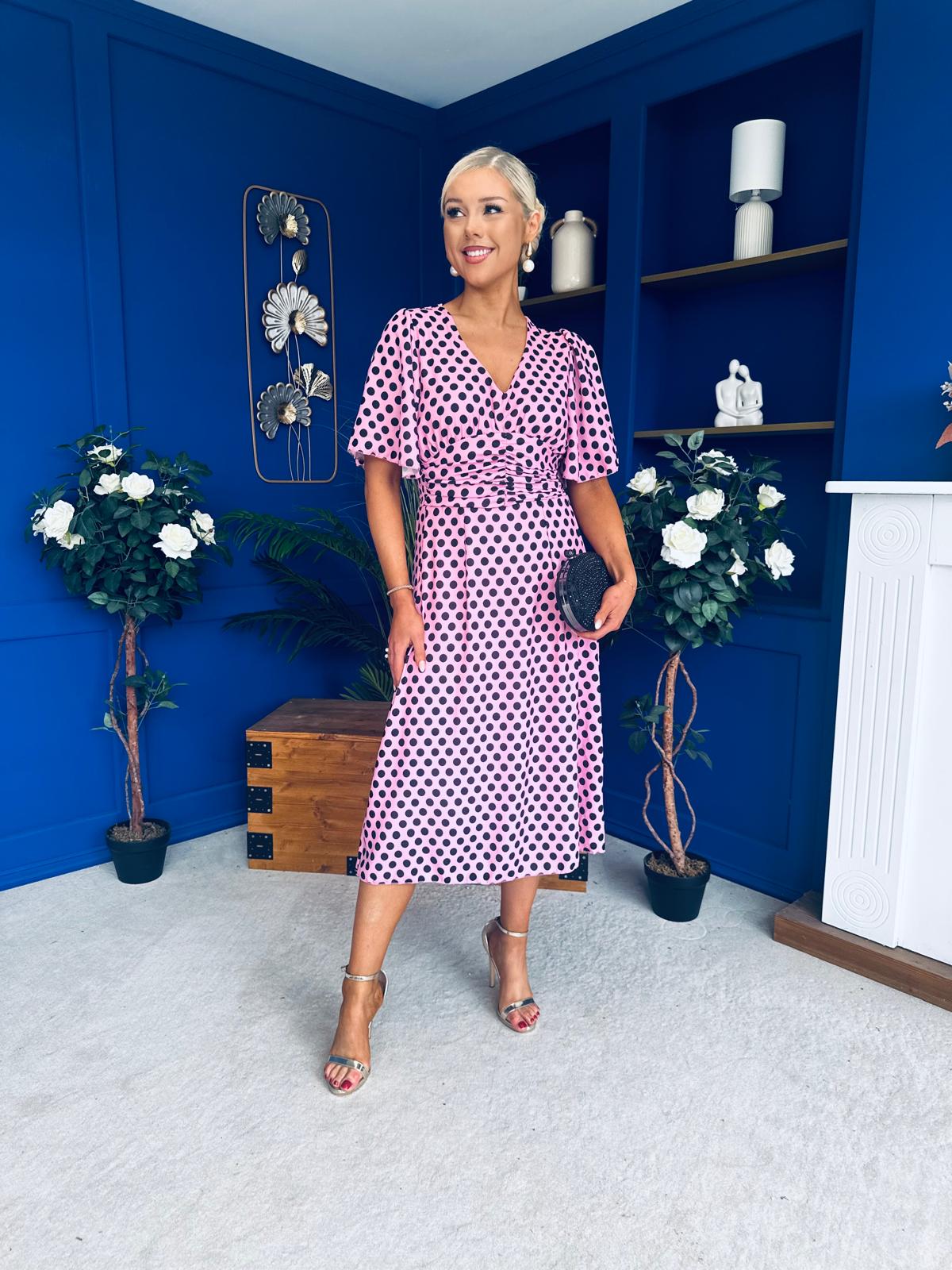 Saoirse Angel Sleeve Midi Dress Polka Pink