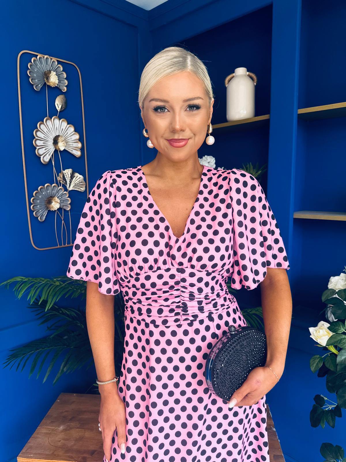 Saoirse Angel Sleeve Midi Dress Polka Pink