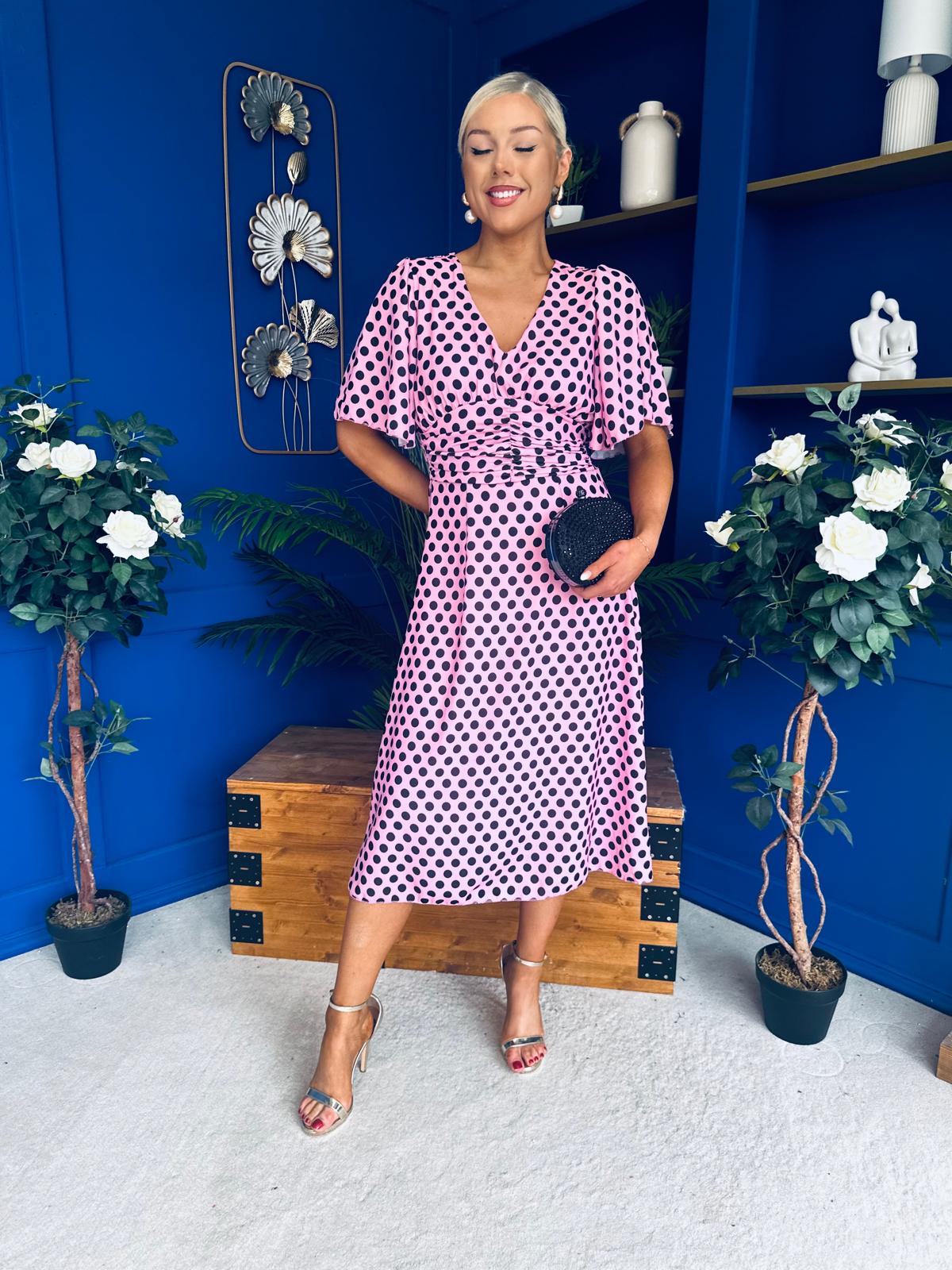 Saoirse Angel Sleeve Midi Dress Polka Pink