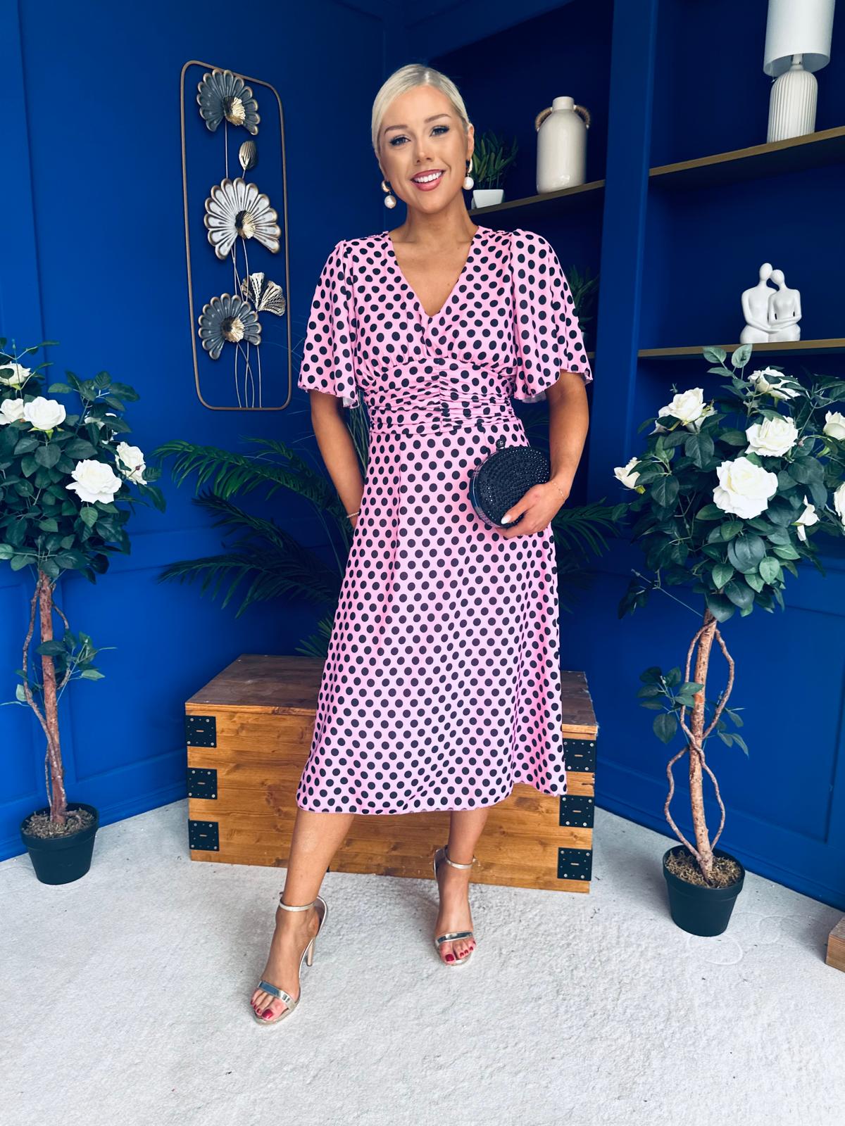 Saoirse Angel Sleeve Midi Dress Polka Pink