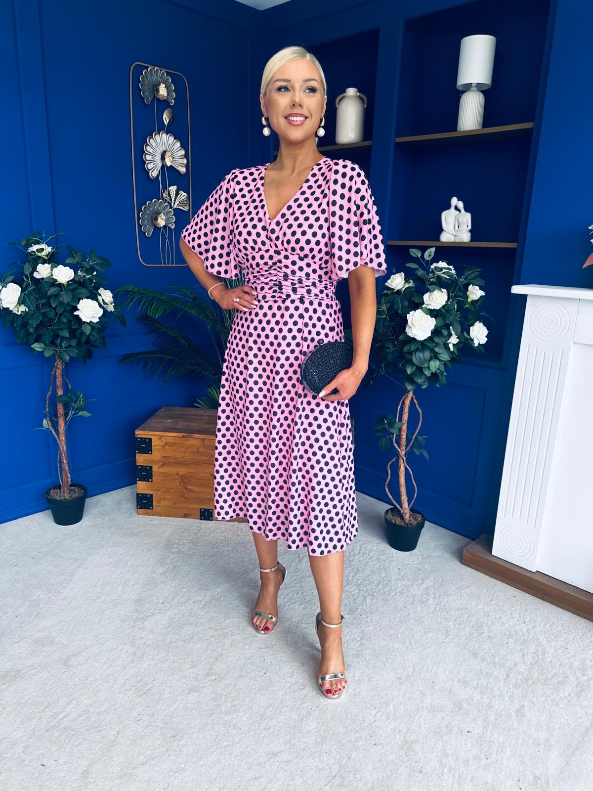 Saoirse Angel Sleeve Midi Dress Polka Pink