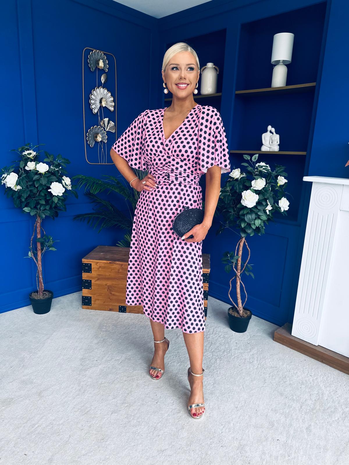 Saoirse Angel Sleeve Midi Dress Polka Pink