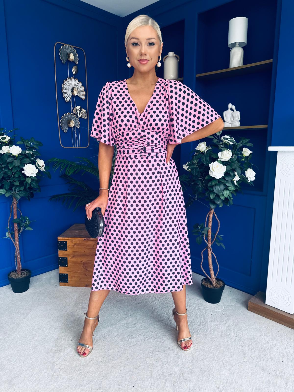 Saoirse Angel Sleeve Midi Dress Polka Pink