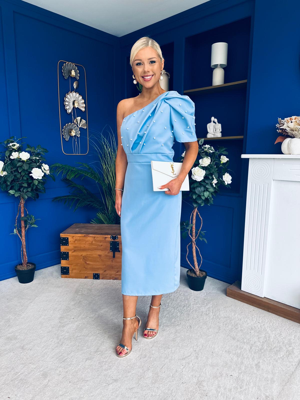 April Pearl Detail Occasion Midi Dress Pwr Blue