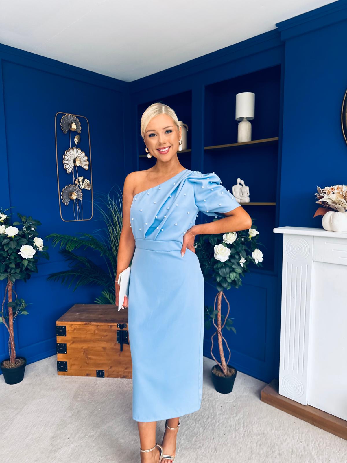April Pearl Detail Occasion Midi Dress Pwr Blue