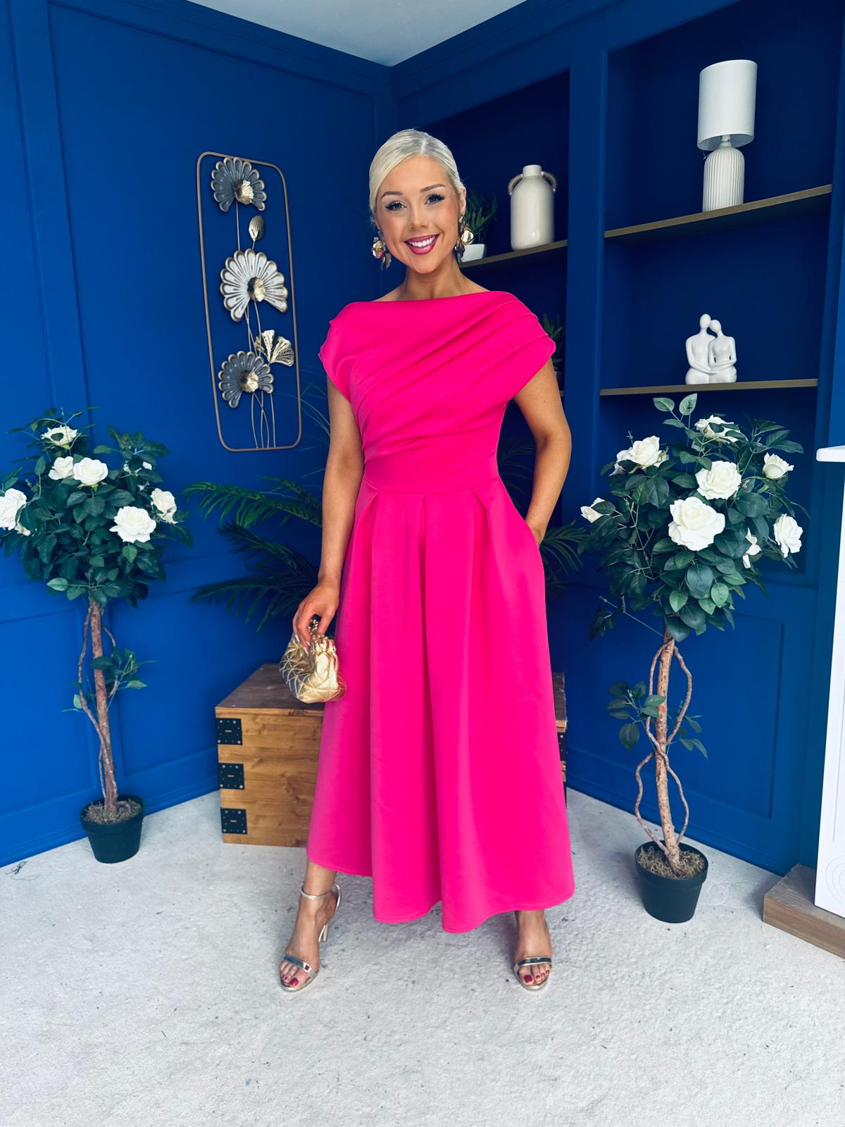 Breffy Asymmetric Neckline Skater Midi Hot Pink