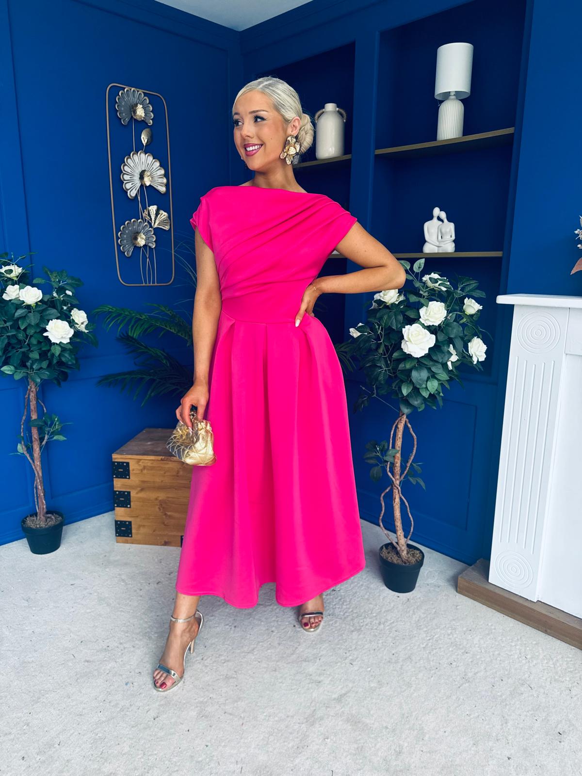 Breffy Asymmetric Neckline Skater Midi Hot Pink