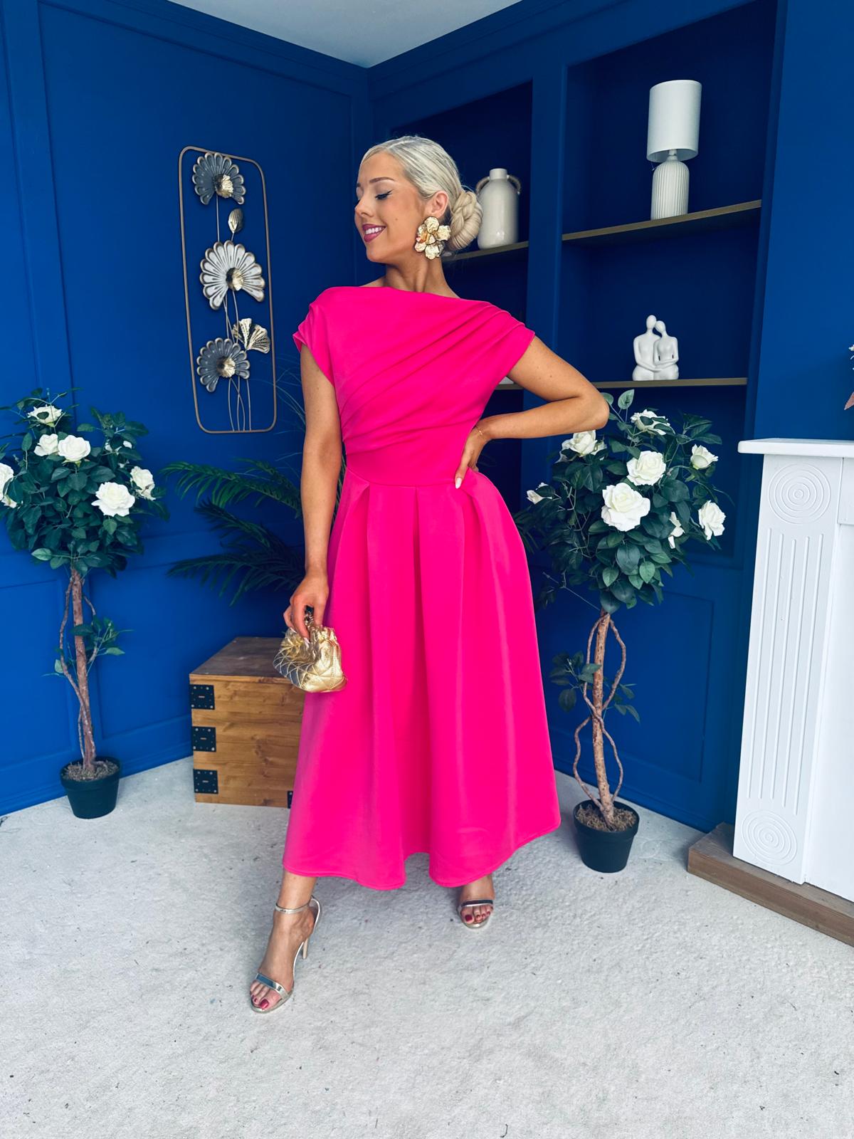 Breffy Asymmetric Neckline Skater Midi Hot Pink