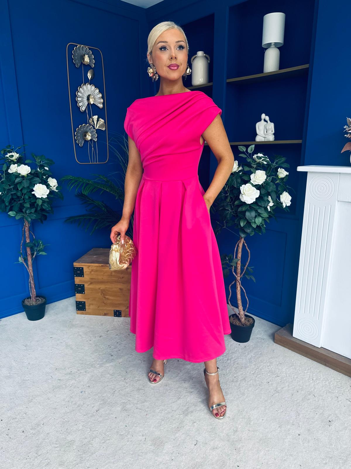 Breffy Asymmetric Neckline Skater Midi Hot Pink