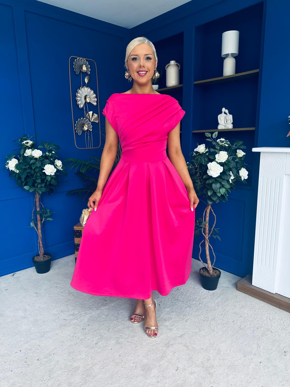 Breffy Asymmetric Neckline Skater Midi Hot Pink