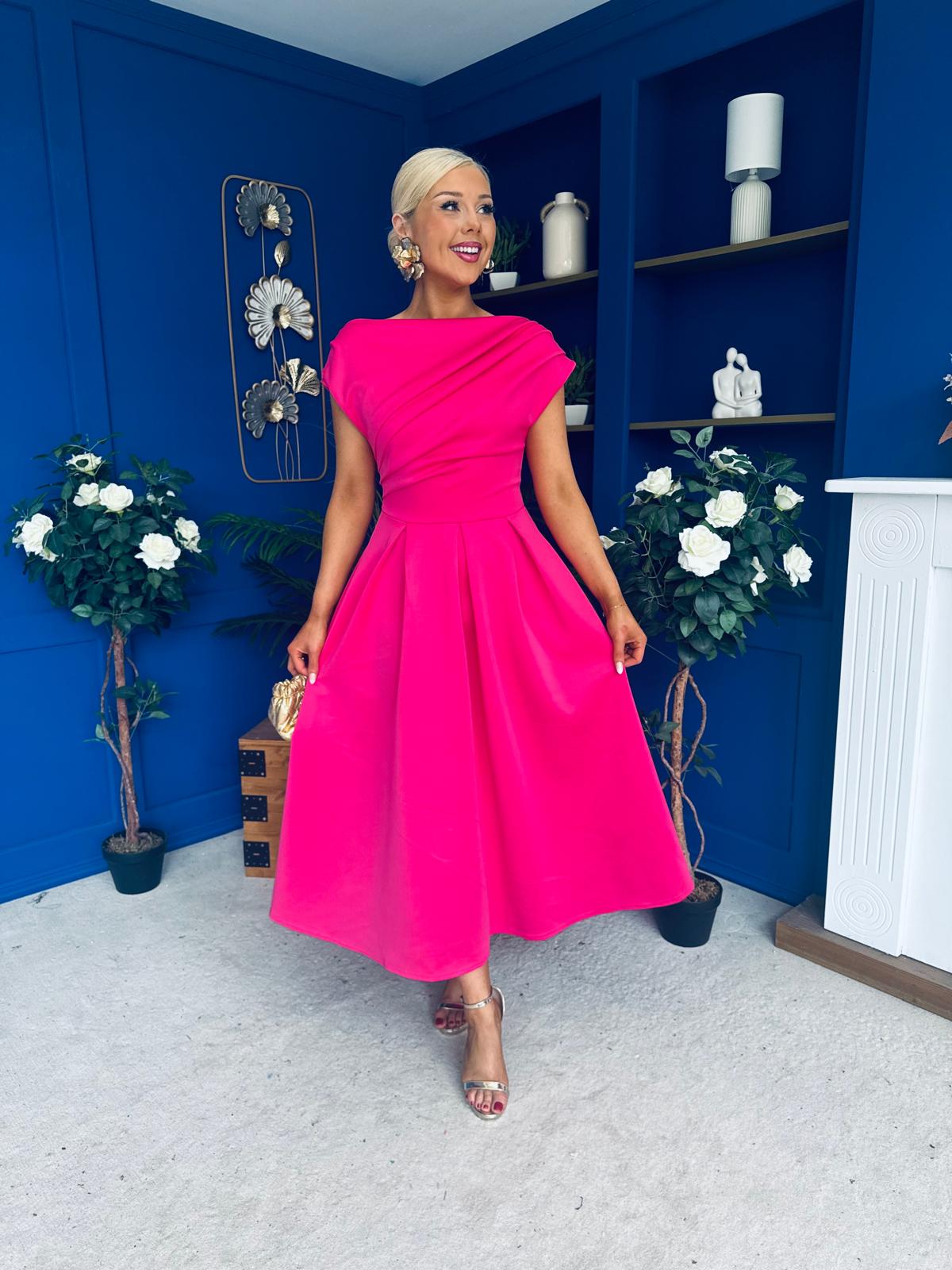 Breffy Asymmetric Neckline Skater Midi Hot Pink