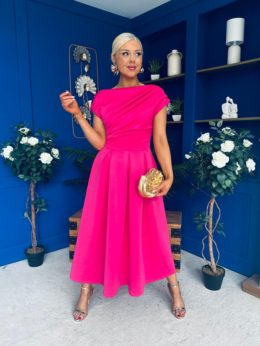 Breffy Asymmetric Neckline Skater Midi Hot Pink