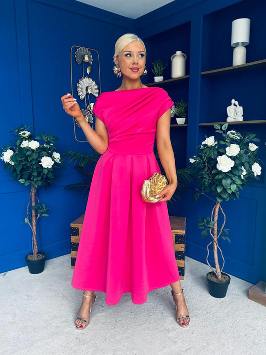 Breffy Asymmetric Neckline Skater Midi Hot Pink
