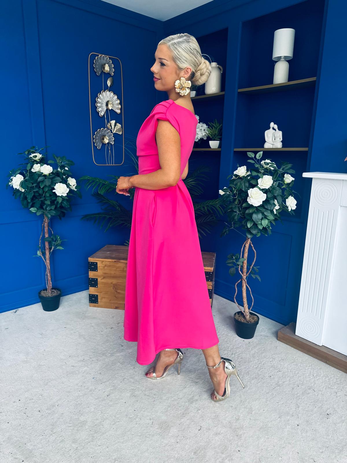Breffy Asymmetric Neckline Skater Midi Hot Pink