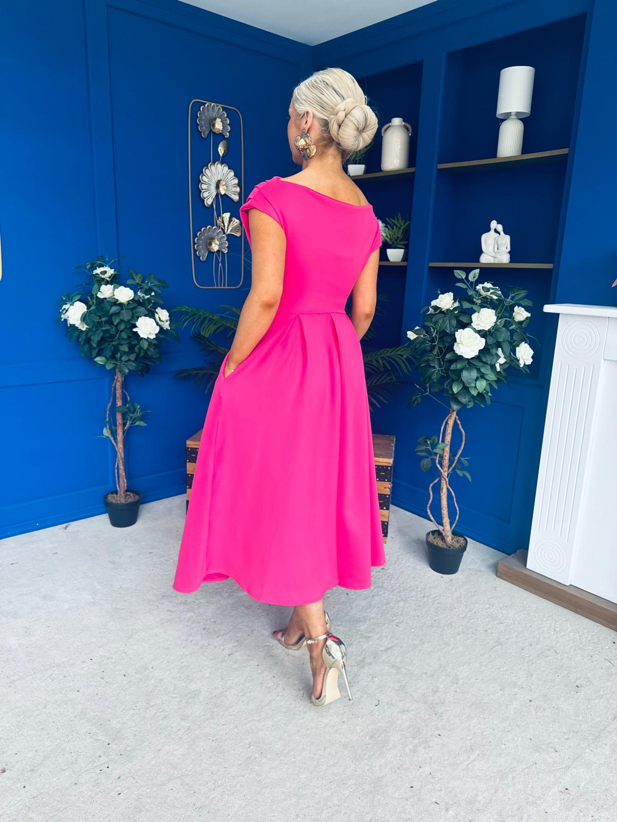 Breffy Asymmetric Neckline Skater Midi Hot Pink