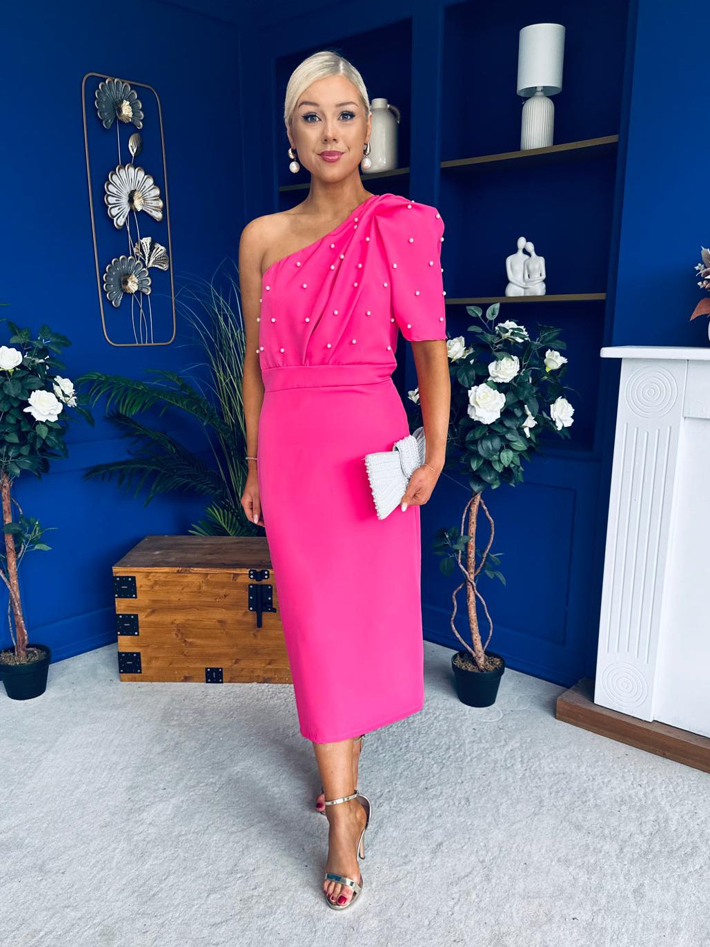 April Pearl Detail Occasion Midi Dress Hot Pink
