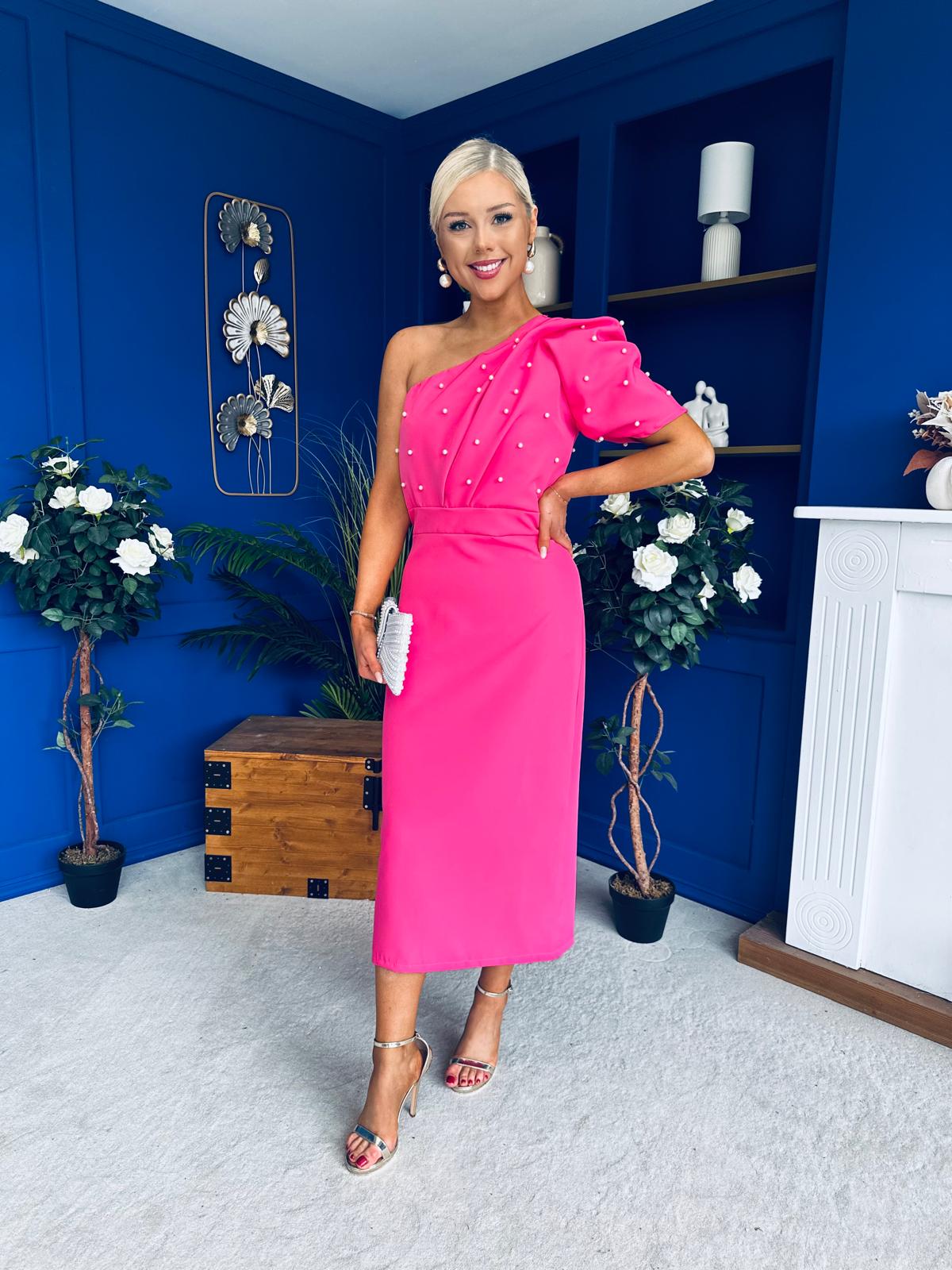 April Pearl Detail Occasion Midi Dress Hot Pink