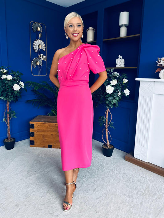 April Pearl Detail Occasion Midi Dress Hot Pink