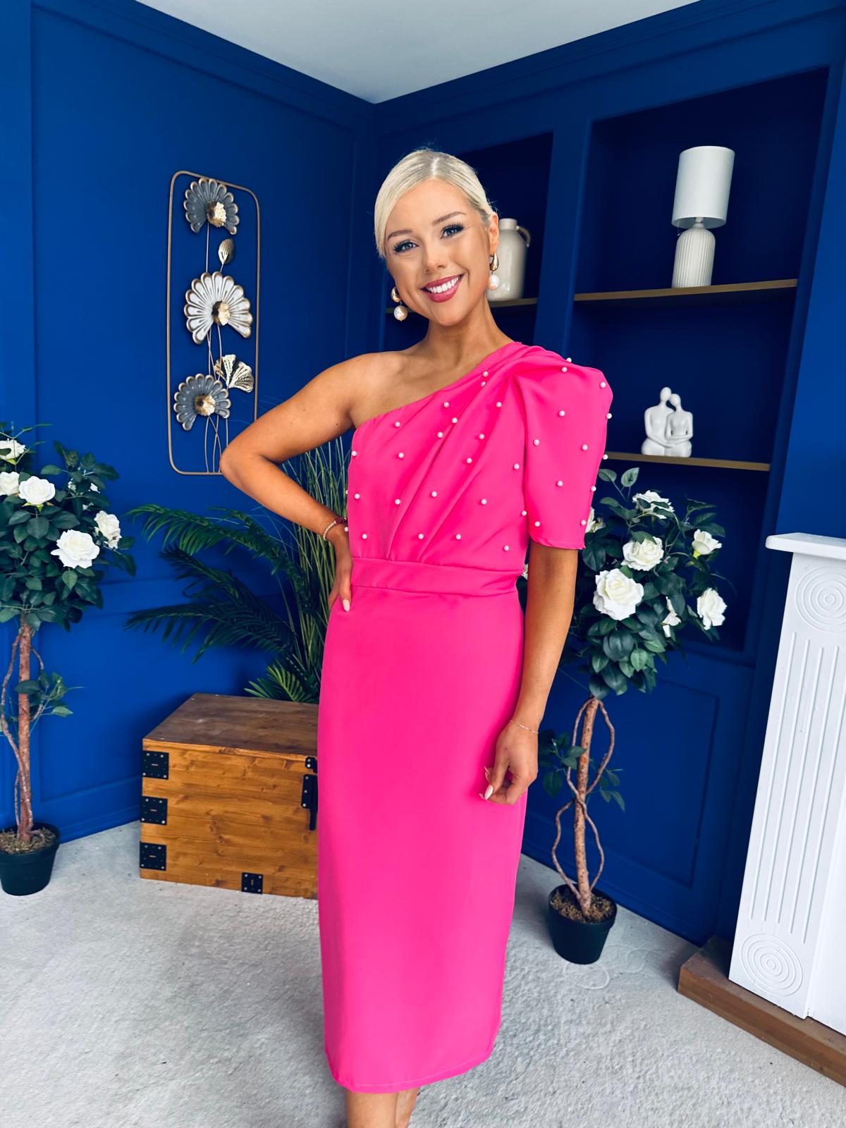 April Pearl Detail Occasion Midi Dress Hot Pink