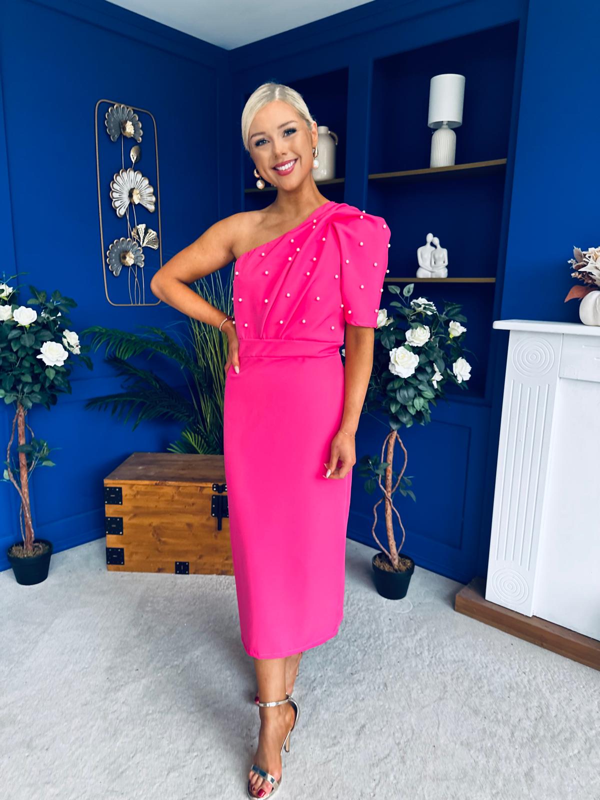 April Pearl Detail Occasion Midi Dress Hot Pink