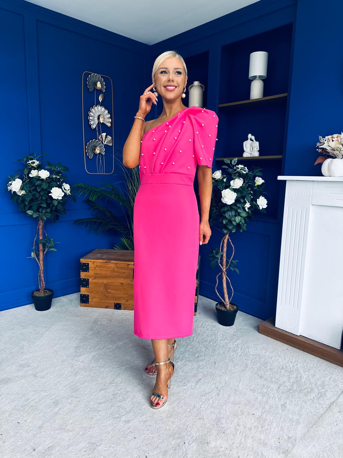 April Pearl Detail Occasion Midi Dress Hot Pink