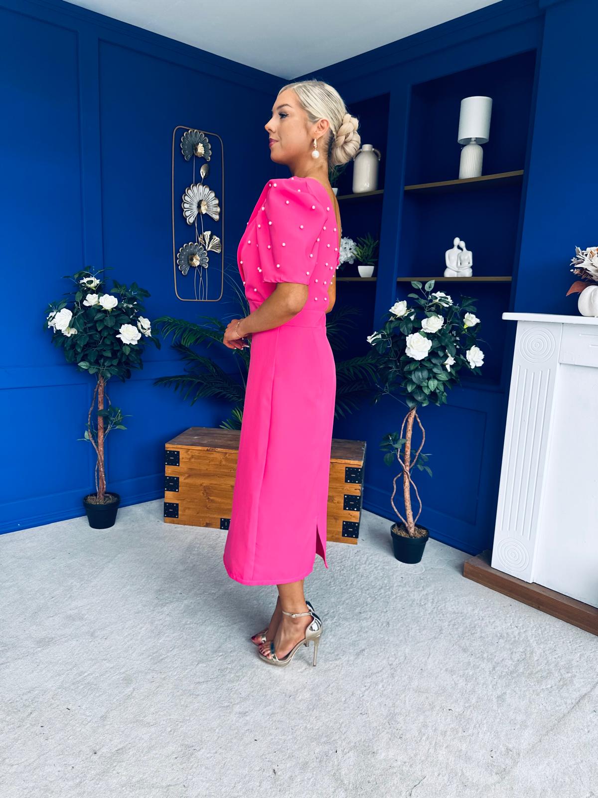 April Pearl Detail Occasion Midi Dress Hot Pink