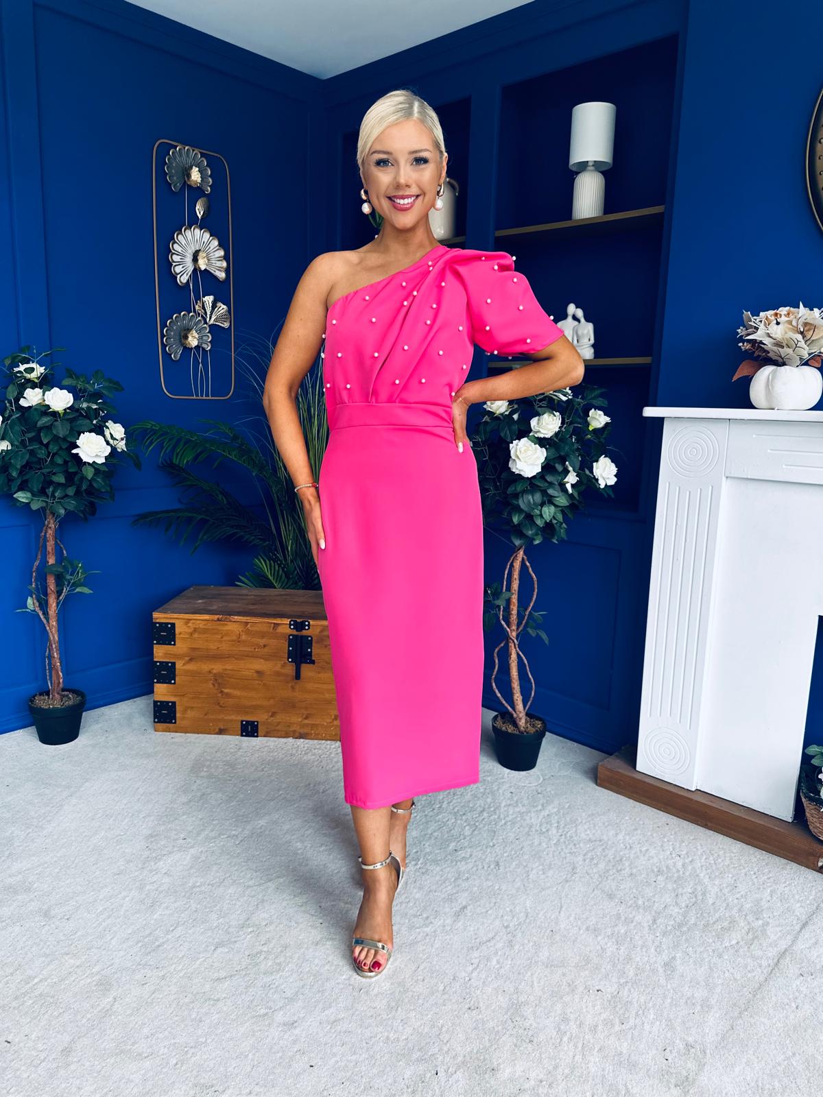 April Pearl Detail Occasion Midi Dress Hot Pink