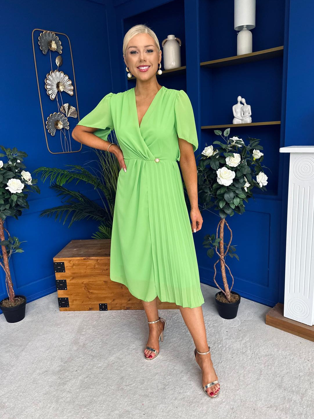 Mabel Pleat Detail Midi Dress Apple Green