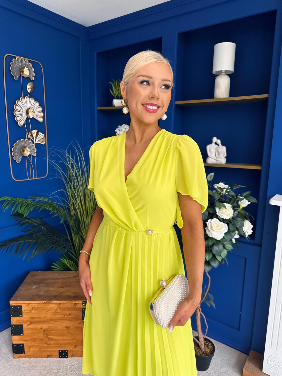 Mabel Pleat Detail Midi Dress Lime