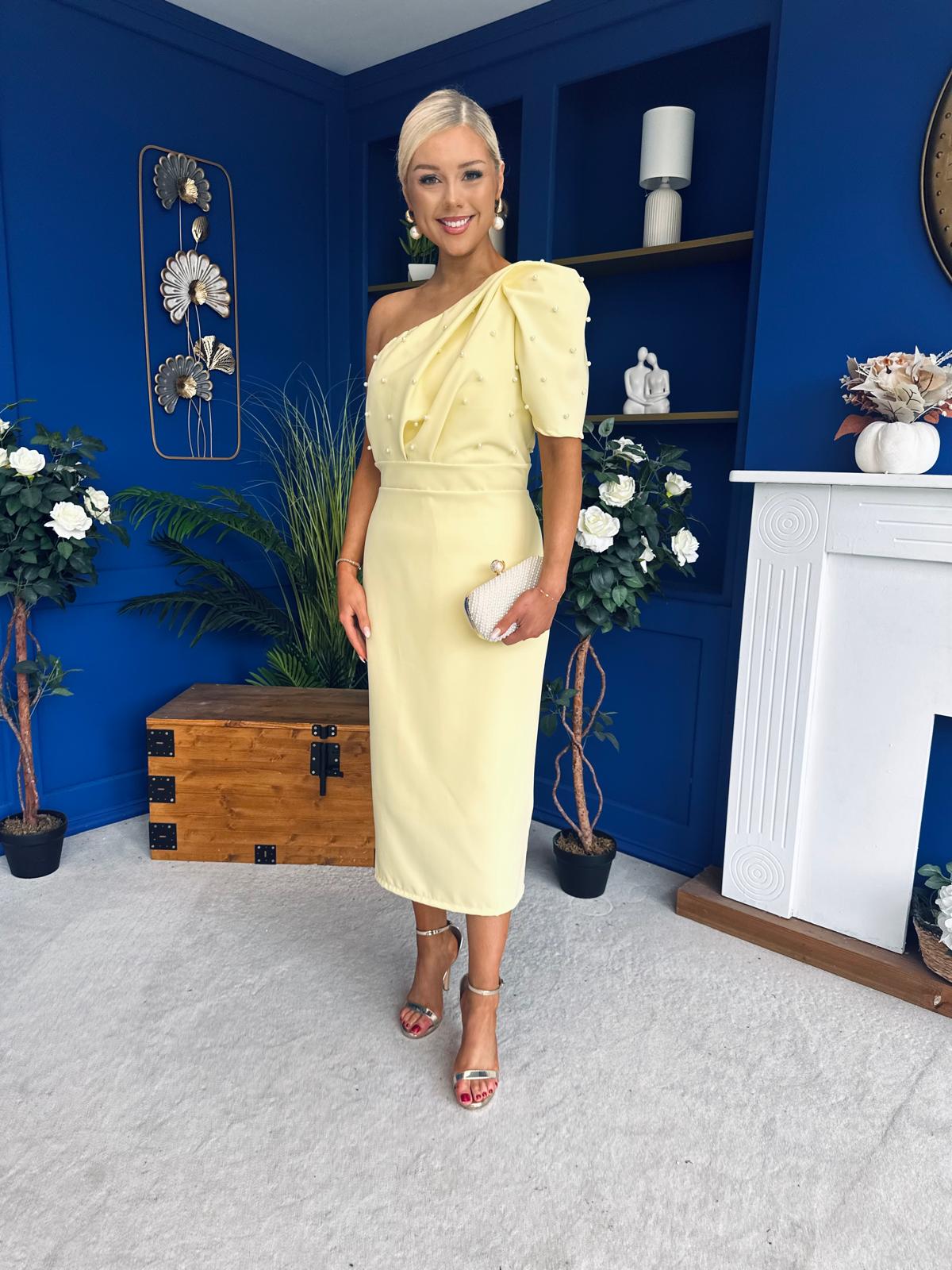 April Pearl Detail Occasion Midi Dress Yellow