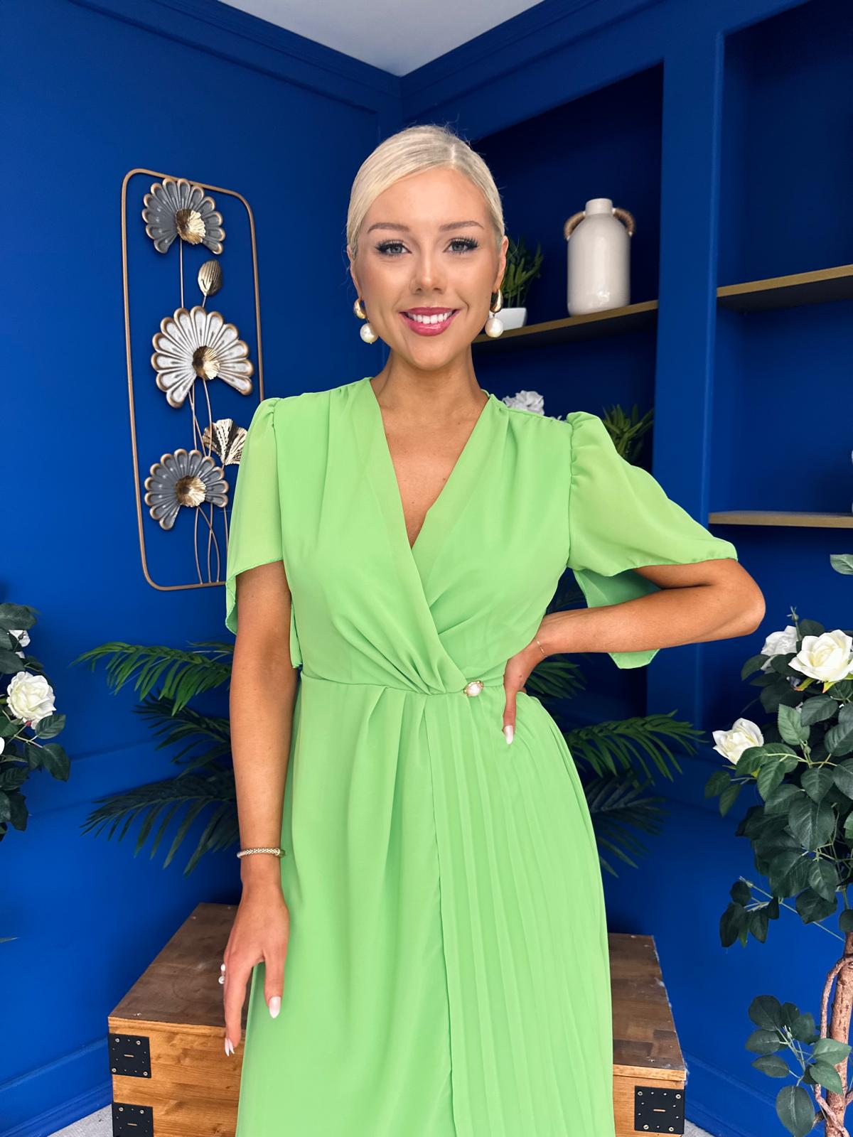Mabel Pleat Detail Midi Dress Apple Green